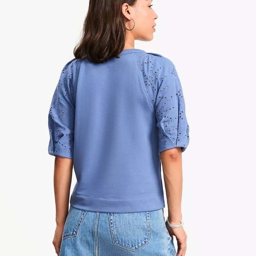 LOFT Petite Eyelet Mixed Media Short Sleeve Sweatshirt - Picture 2 of 10
